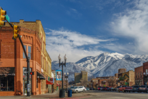 Ogden city street with snowy mountains in the background